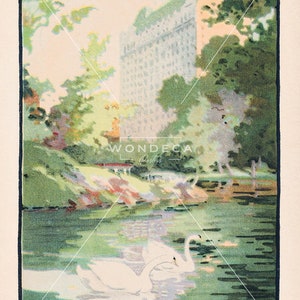 May include: A vintage postcard showing a view of the Hotel Plaza from Central Park in New York City. The postcard features a watercolour illustration of the hotel, a pond with two swans, and lush green trees.