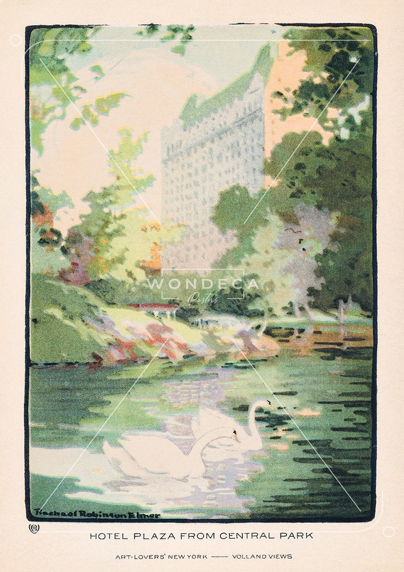 May include: A vintage postcard showing a view of the Hotel Plaza from Central Park in New York City. The postcard features a watercolour illustration of the hotel, a pond with two swans, and lush green trees.