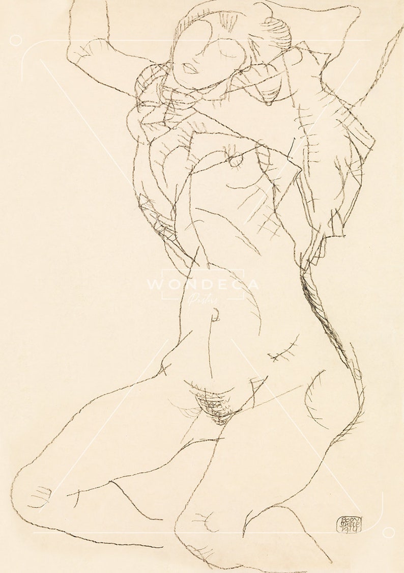 Woman Undressing Seminude With Arms Raised 1914 By Egon Schiele Original Female Line Art Drawing Poster, Beige Wall Art Paintings image 3