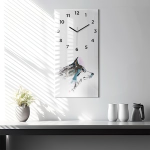 Profile of a painted wolf Wall Clock, Blue Glass Clock, Art Hanging Clock, Personalised Clock, Numbers or Lines Collection