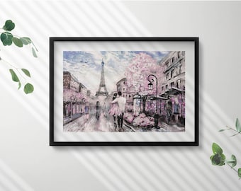 Puede incluir: Una pintura de acuarela de una pareja en París, Francia. La Torre Eiffel está en el fondo, y la pareja está de pie frente a una calle bordeada de árboles. La pintura está hecha en tonos de rosa, morado y gris.