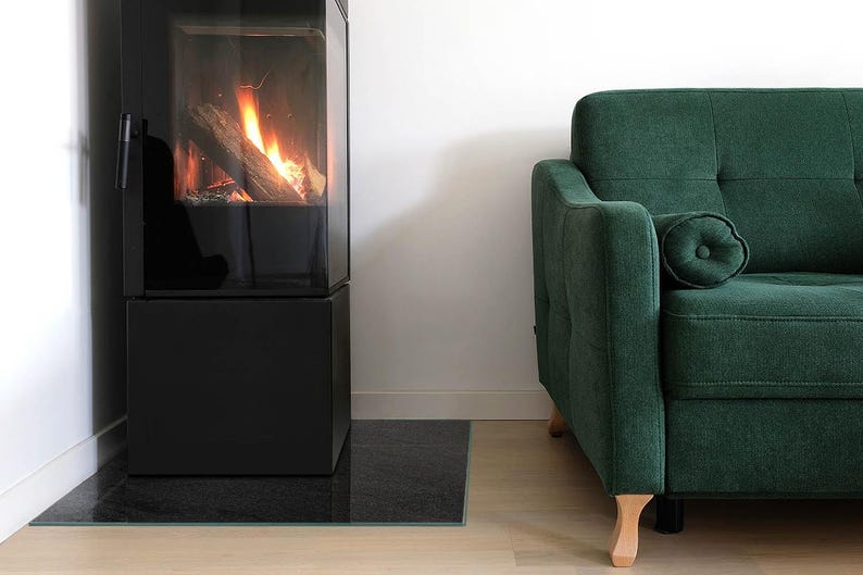 Stone Surface Texture Rectangular Fireplace Floor Plate, Black Fireplace Decoration, Glass Fireplace Hearth, Sleek Stove Hearth Plate image 4
