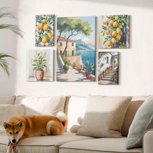 Set di 5 tele da parete - Paesaggi mediterranei con agrumi e vegetazione, tele da parete gialle, decorazioni da parete con piante e fiori