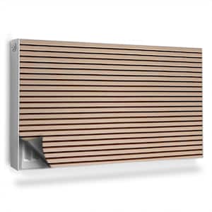 Op de afbeelding: Een radiatorbekleding met een houtlook ontwerp. De bekleding is gemaakt van een lichtbruin materiaal met een horizontaal lattenpatroon. De bekleding is ontworpen om over een radiator te passen en kan helpen om de esthetiek van een kamer te verbeteren.