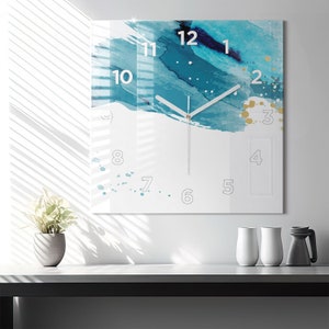Brush strokes Glass Clock, Turquoise Hanging Clock, Abstract Printed Clock, Personalised Clock, Numbers or Lines
