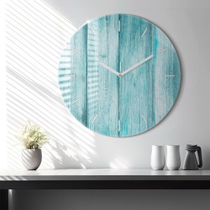 Blue old wood Glass Clock, Blue Hanging Clock, Photo Printed Clock, Custom Wall Clock, Numbers or Lines