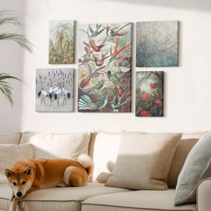 Canvas Set Of 5 - Vintage Tropical Birds And Plants, Gray Canvas Wall Art, Plants And Flowers Wall Decor