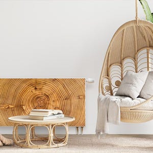 May include: A white wall with a wooden panel radiator, a hanging wicker chair with white cushions, a small wicker table with books on top, a white cat, and a potted plant.