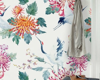 Removable wallpaper - Floral Crane Wallpaper - Birds Wallpaper - Floral wallpaper - Watercolor wallpaper - Wall mural Tropical wallpaper #24