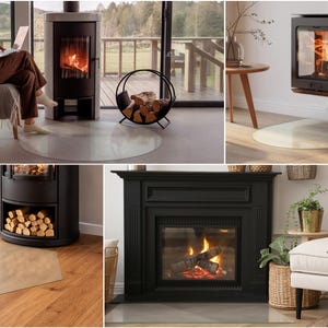 May include: A collection of clear glass hearth pads in various shapes, including circular, semi-circular, and hexagonal designs, positioned on wooden and concrete floors beneath black metal wood-burning stoves and fireplaces with visible flames.