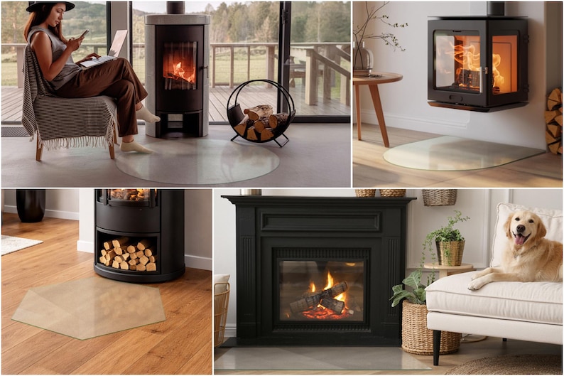 May include: A collection of clear glass hearth pads in various shapes, including circular, semi-circular, and hexagonal designs, positioned on wooden and concrete floors beneath black metal wood-burning stoves and fireplaces with visible flames.
