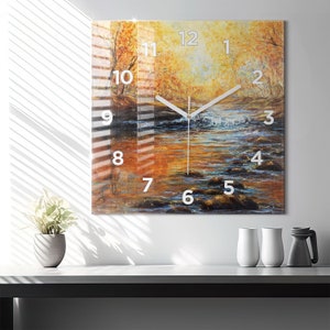 Artistic art Glass Clock, Yellow Printed Clock, Abstract Modern Wall Clock, Personalised Clock, Numbers or Lines