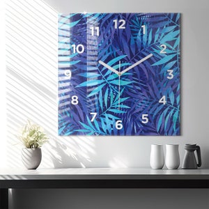 Blue leaves Glass Clock, Blue Wall Clock, Plant Hanging Clock, Personalised Clock, Numbers or Lines Collection