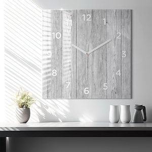 Wooden panels Glass Clock, Gray Printed Clock, Nature Modern Wall Clock, Custom Wall Clock, Numbers or Lines Collection