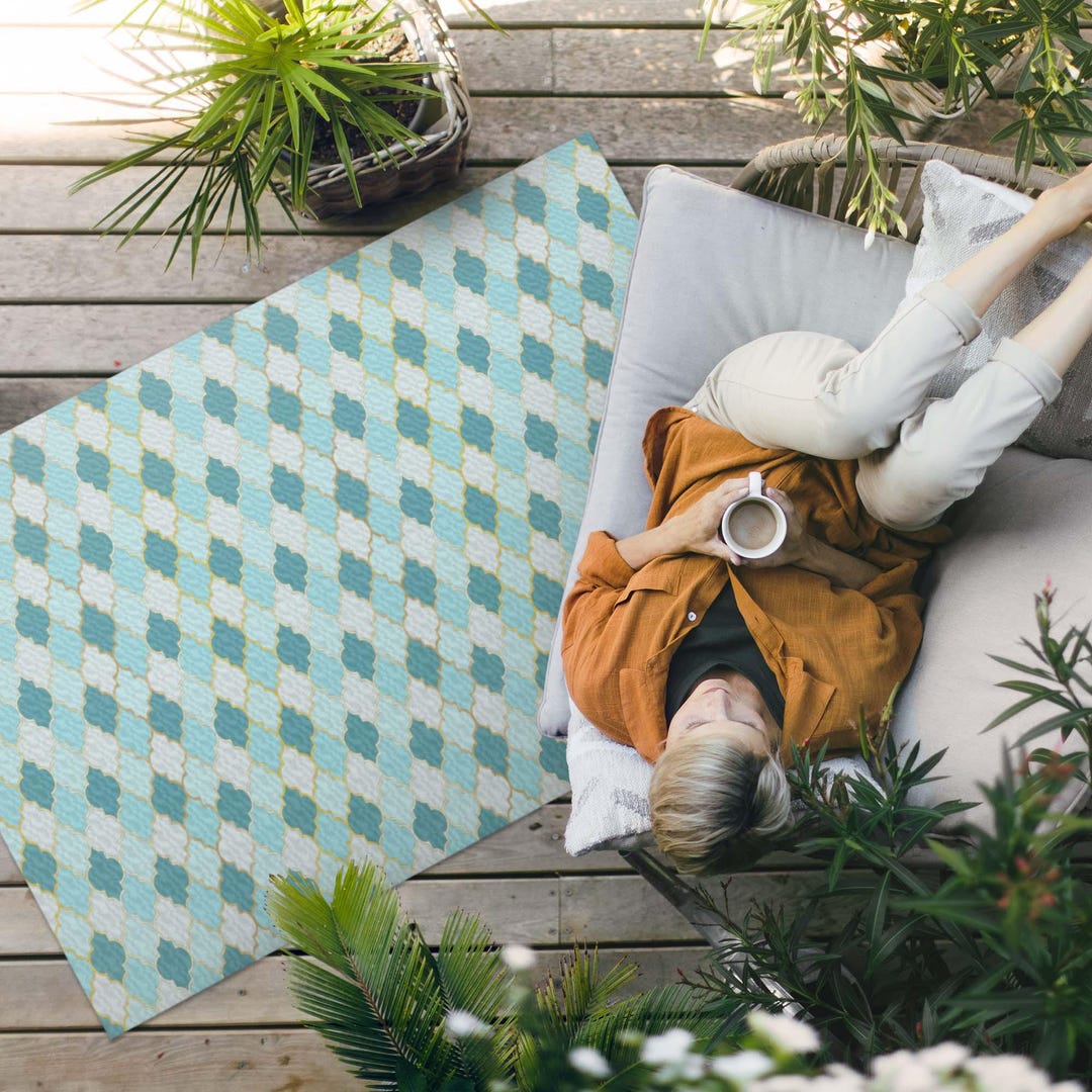 Blue Mosaic Decorative Tiles Outdoor Rug, Faux Tiles Patio Carpet ...