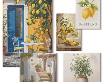 May include: A collection of canvas art prints featuring watercolor illustrations. The prints depict scenes of lemons, including a lemon tree, a table setting, and a still life with the word "POSITANO". Other prints show a street scene and a vase of greenery.