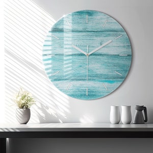 Blue old wood Glass Clock, Blue Wall Clock, Photo Hanging Clock, Personalised Clock, Numbers or Lines Collection