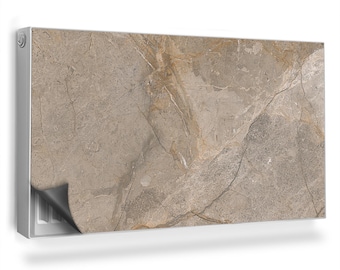 May include: A decorative radiator cover with a marble-like pattern in shades of brown and beige. The cover has a peel-and-stick design and is easy to apply.