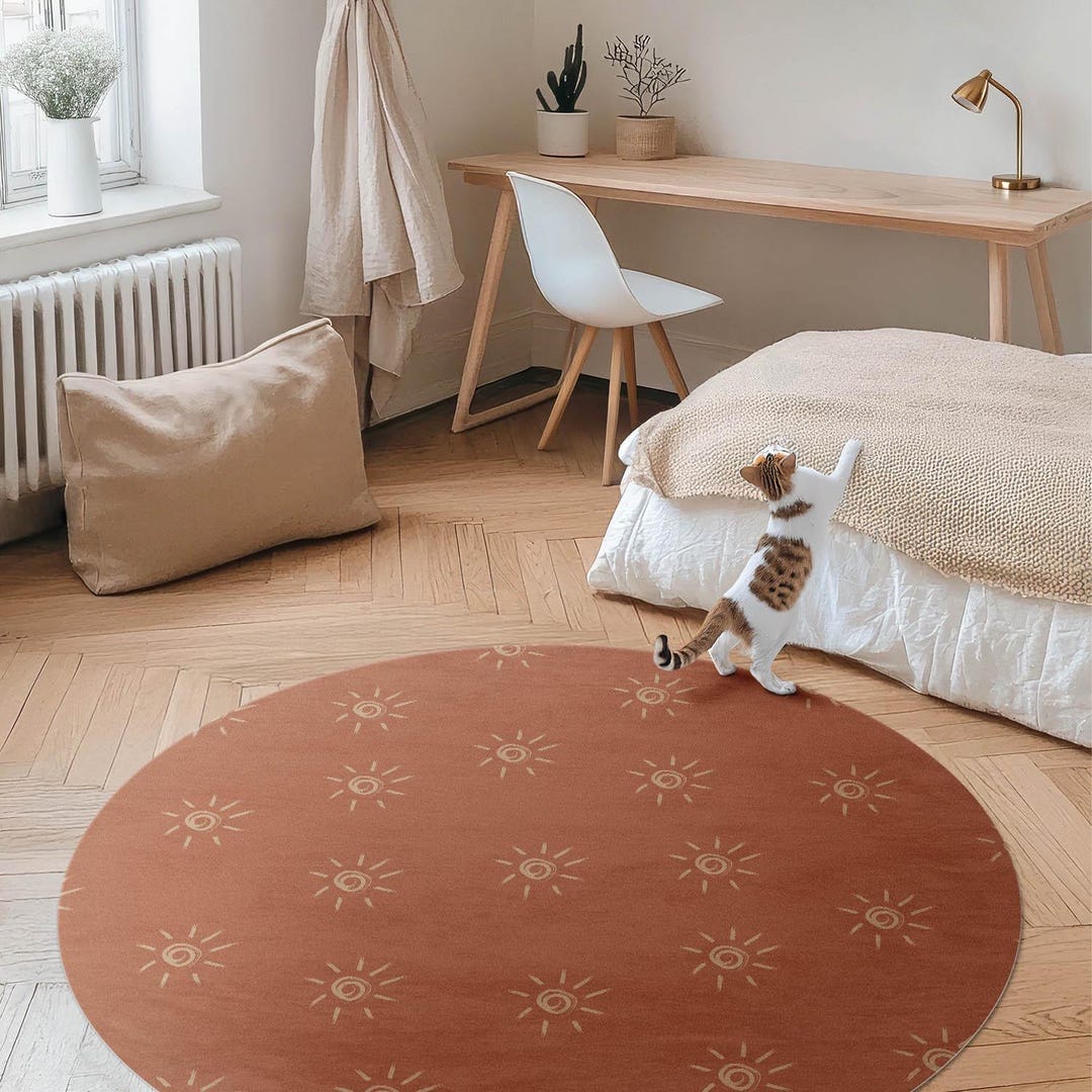 Sun Pattern in Retro Boho Style Round Bedroom Rug, Space Vinyl Carpet ...