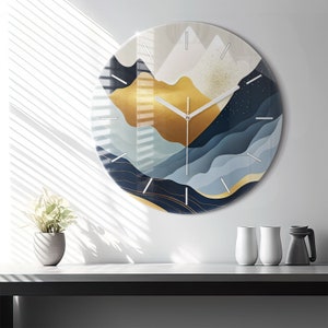 Abstract mountains Glass Clock, Multicolour Printed Clock, Abstract Modern Wall Clock, Personalised Clock, Numbers or Lines Collection