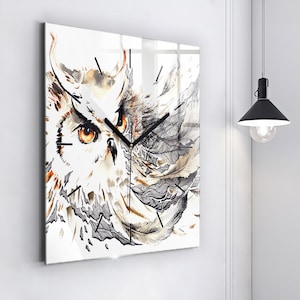 Owl symbol of wisdom Glass Clock, Brown Hanging Clock, Animal Printed Clock, Custom Wall Clock, Numbers or Lines Collection