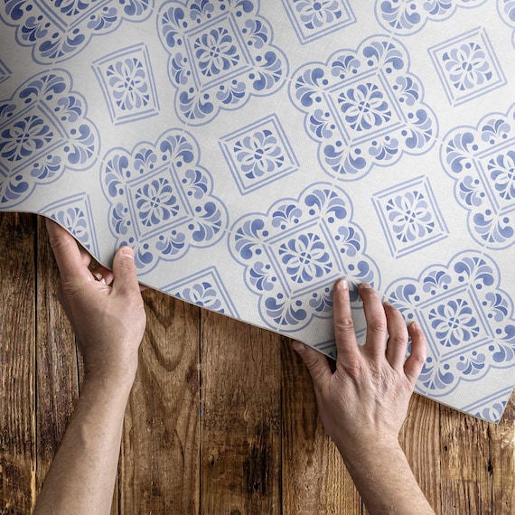 Mittelmeer-Mosaik-dekorative Fliesenteppich für Wohnzimmer, Fliesen und Fliesen Vinyl Bodenmatte, blauer Wohnzimmerteppich, pflegeleichter Teppich