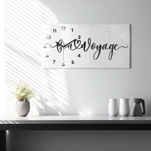 Bon Voyage Printed Clock, Monochrome Glass Clock, Text Modern Wall Clock, Personalised Clock, Numbers or Lines