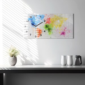 World map on paper Minimalistic Clock, Multicolour Glass Clock, Abstract Wall Clock, Horizontal Decorative Clock, Numbers or Lines