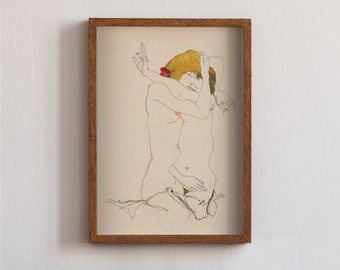 Two Women Embracing 1913 By Egon Schiele Original Female Line Art Drawing Poster, Beige Retro Home Decor, Gray Retro Wall Decoration
