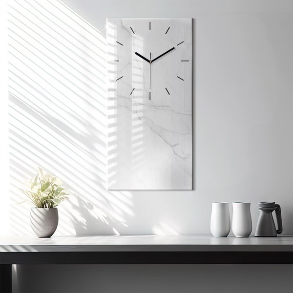 Horloge minimaliste décorative en marbre, horloge en verre blanc, horloge murale abstraite, horloge murale personnalisée, collection de chiffres ou de lignes