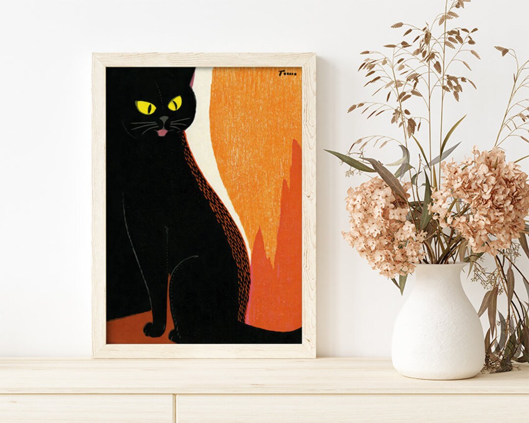 Poster Wall Art Japanese Print Black Cat Tomoo Inagaki #RO375 Orange ...
