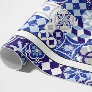 Patchwork Spanish Mat Outdoor Rug, Faux Tiles Patio Carpet, Blue Vinyl Rug, Porch Rug, Pet Friendly Rug, Easy To Clean Rug