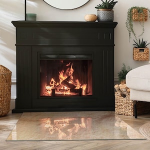 Estensione per focolare rettangolare con texture in pietra naturale, decorazione per camino beige, piastra per focolare in vetro, piastra per pavimento per camino minimalista