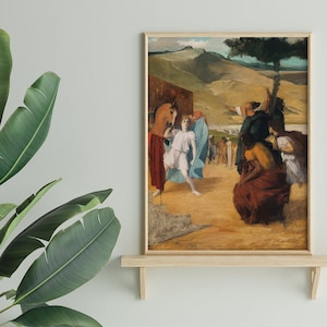 May include: A framed print of a classical painting depicting a scene with figures in flowing robes, a horse, and a landscape background. The artwork features warm tones of brown, red, and blue, with a focus on human interaction and movement.