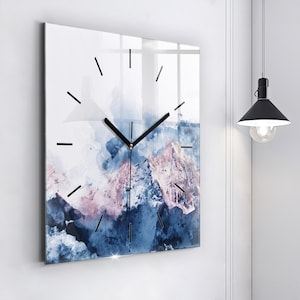 Abstract mountain ranges Glass Clock, Blue Hanging Clock, Landscape Printed Clock, Custom Wall Clock, Numbers or Lines Collection