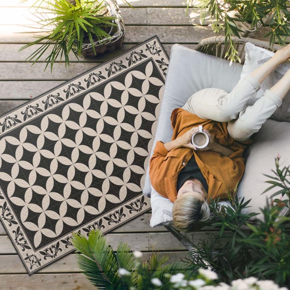 Spanische Fliesen, Eleganter Mosaik Outdoor Teppich, Faux Tiles Teppich, Outdoor Teppich, Vinyl Teppich, Veranda Teppich, Haustierfreundlicher Teppich, Leicht zu reinigen