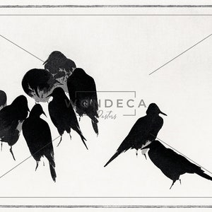 May include: Black and white silhouette image of a group of birds perched on a branch. The birds are facing different directions and some are huddled together. The image is simple and elegant.