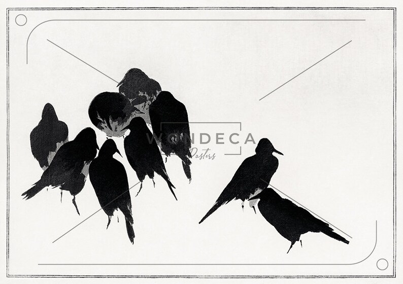 May include: Black and white silhouette image of a group of birds perched on a branch. The birds are facing different directions and some are huddled together. The image is simple and elegant.