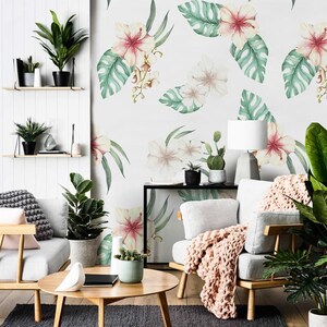 Removable wallpaper - Hawaiian Flowers Wallpaper - Tropical Wallpaper - Leaves Wallpaper - Palm Leaves - Wall mural - Wall Decor #98