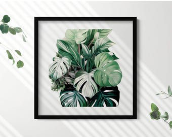 エキゾチックな緑の葉の額入りアート、花と植物の額入りイラスト、緑の