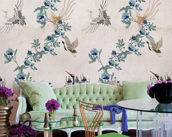 Removable wallpaper - Chinoserie Embroidery Wallpaper - Birds Wallpaper - Floral wallpaper - Watercolor wallpaper - Wall mural - Decor #69
