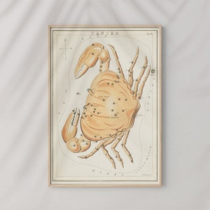 天文チャートイラスト 星座 蟹座 シドニー ホール #RO28 天文学プリント、ベージュ、淡いオレンジ、星座プリント、占星術ポスター