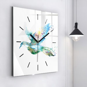 Bird and spring abstraction Glass Clock, Blue Wall Clock, Abstract Hanging Clock, Custom Wall Clock, Numbers or Lines