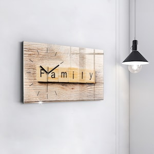 Family inscription Printed Clock, Brown Glass Clock, Text Modern Wall Clock, Personalised Clock, Numbers or Lines