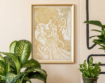 May include: A gold framed print of a woman with flowing hair and a swan. The woman is wearing a long dress with a floral pattern. The print is on a light beige wall.