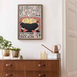 Arabella and Araminta stories 1895 by Ethel Reed poster, beige retro interieurdecoratie, rode retro wanddecoratie, retro housewarmingcadeau afbeelding 2
