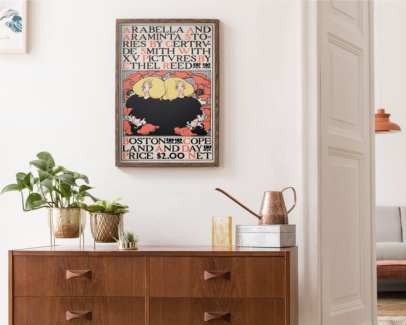 Arabella and Araminta stories 1895 by Ethel Reed poster, beige retro interieurdecoratie, rode retro wanddecoratie, retro housewarmingcadeau afbeelding 2