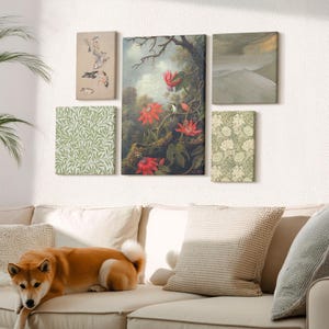 Canvas Wall Art Set Of 5 - Flowers And Birds In Natural Decorative Motifs, Green Canvas Print, Plants And Flowers Wall Decor