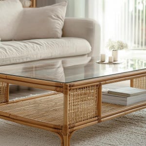 May include: A rectangular coffee table with a clear glass top and a natural bamboo frame. The table has a lower shelf and woven side panels. Decorative items on the table include candles and a small vase with white flowers.