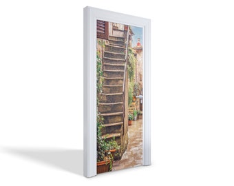 Adhesivo para puerta con escalera de piedra antigua, autoadhesivo, mural arquitectónico, calcomanías marrones para puerta, adhesivo para puerta de oficina